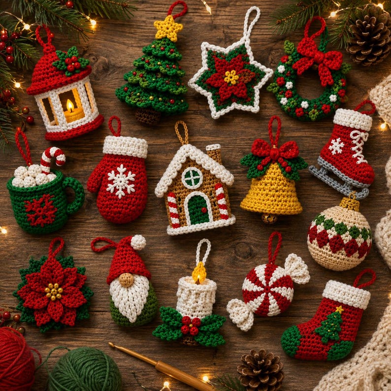 May include: A collection of crocheted Christmas ornaments including a lantern, tree, poinsettia, wreath, mug with candy cane, mitten, gingerbread house, bell, ice skate, bauble, gnome, candle, candy, and stocking, all arranged on a wooden surface.