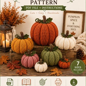 May include: A crochet pumpkin pattern PDF file and instructions featuring seven sizes. The image displays six handmade pumpkins in orange, yellow, pink, green, and white, with brown stems and green leaves, alongside text including PUMPKIN SPICE & EVERYTHING NICE.