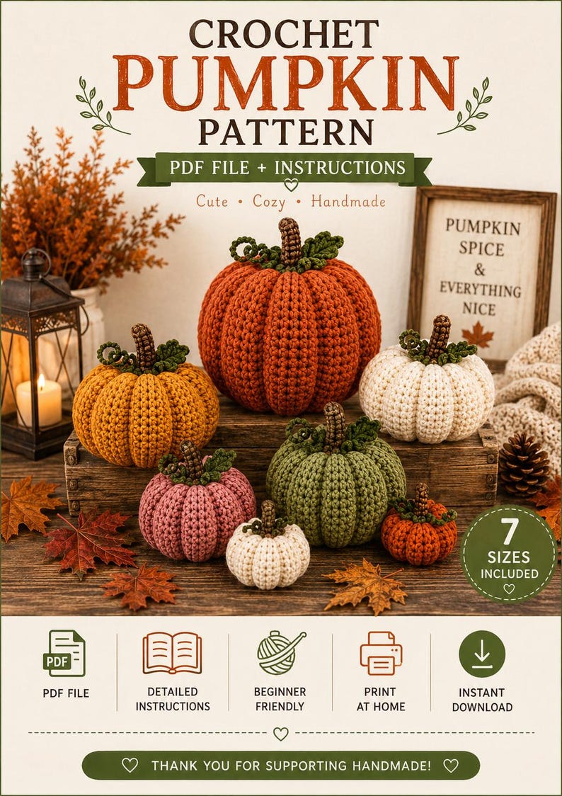 May include: A crochet pumpkin pattern PDF file and instructions featuring seven sizes. The image displays six handmade pumpkins in orange, yellow, pink, green, and white, with brown stems and green leaves, alongside text including PUMPKIN SPICE & EVERYTHING NICE.