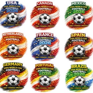 Peut inclure: Neuf motifs circulaires avec un ballon de football et le texte "FIFA WORLD CUP FOOTBALL 2026". Chaque motif présente un code couleur différent représentant un pays : USA, Canada, Mexique, Pays-Bas, France, Espagne, Allemagne, Portugal et Brésil.
