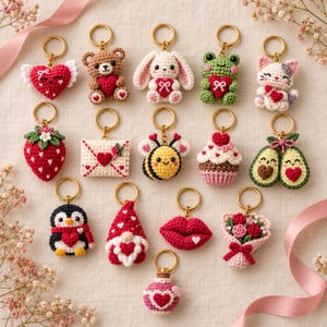 Pode incluir: Uma coleção de quinze porta-chaves de croché com vários designs, incluindo um coração com asas, um urso de peluche, um coelho, um sapo, um gato, um morango, um envelope, uma abelha, um cupcake, dois abacates, um pinguim, um gnomo, lábios, um ramo e uma garrafa.