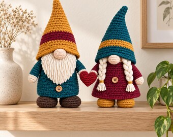 Crochet Pattern Gnome Couple PDF, Male & Female Amigurumi Gnomes, Romantic Shelf Decor, Valentine Gift, US Terms