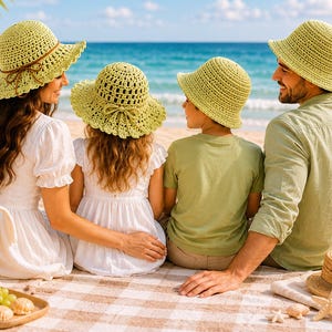 May include: Four individuals wearing matching lime green crocheted bucket hats. The two adults and two children are seated on a checkered blanket, facing the ocean. The hats feature a textured, open-weave pattern with a wide, flexible brim.