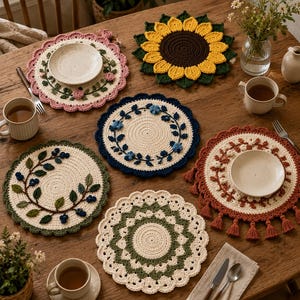 May include: A collection of six round, crocheted placemats featuring various designs including a sunflower, a floral wreath with blue flowers, a berry vine, a geometric green pattern, and a rust-colored mat with tassels, arranged on a wooden table.