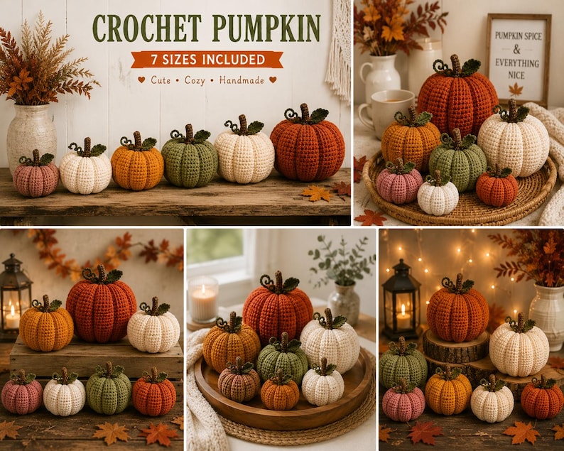 May include: A collection of handmade crochet pumpkins in various sizes and colours including orange, white, green, and pink. Each pumpkin features a textured yarn surface and a dark brown stem. The text CROCHET PUMPKIN and 7 SIZES INCLUDED is visible.