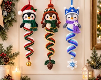 Crochet Pattern Christmas Penguin Spiral Bundle PDF, 3-in-1 Penguin Hanging Wind Spinner Ornaments, Holiday Decor, US Terms