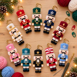 Puede incluir: Diez llaveros de cascanueces tejidos a ganchillo dispuestos en círculo, cada uno con un diseño de sombrero único con estrellas, copos de nieve o rayas, un bigote negro y una anilla de metal dorado en la parte superior.