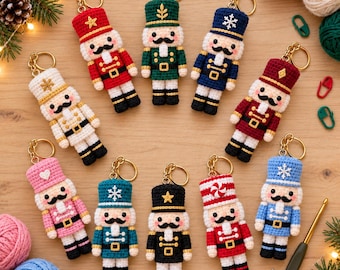 Crochet Keychain Pattern Bundle PDF, 10-in-1 Nutcracker Amigurumi Christmas Ornaments, Holiday Bag Charms, US Terms