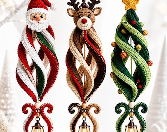 Crochet Pattern Christmas Spiral Ornament Bundle PDF, 3-in-1 Santa Reindeer Tree Hanging Decor, Holiday Decorations, Instant Download