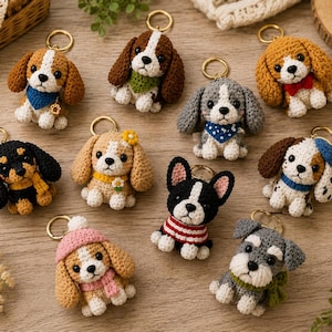 May include: A collection of ten crocheted dog keychains, each featuring a unique breed or colour pattern. The small stuffed animals include various accessories like scarves, hats, and bandanas, all attached to gold-toned metal key rings.