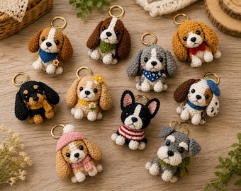Crochet Mini Pet Keychain Pattern Bundle PDF, 10-in-1 Amigurumi Dog Keychain Collection, Cute Puppy DIY, Instant Download