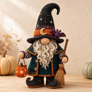 Halloween-tomtevirkmönster i PDF-format, häxtomte-amigurumi, läskig höstdekoration, handgjord Halloween-plysch, direktnedladdning