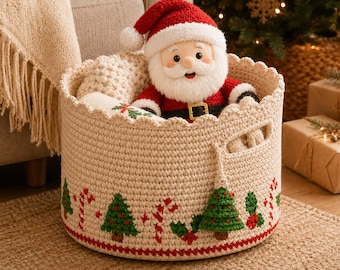 Crochet Pattern Christmas Basket PDF, Holiday Storage Basket with Handles, Festive Crochet Organizer, Christmas Home Decor, Instant Download