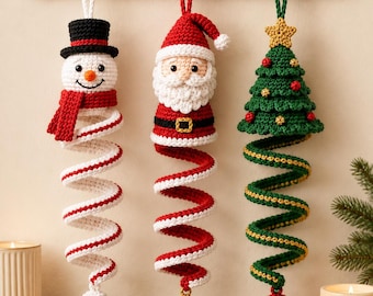 Crochet Pattern Christmas Wind Spinner Bundle PDF, 3-in-1 Santa Snowman Tree Spiral Ornaments, Hanging Holiday Decor, US Terms