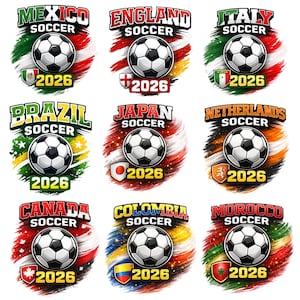 Puede incluir: Nueve diseños temáticos de fútbol con un balón y el texto "SOCCER 2026", con banderas de México, Inglaterra, Italia, Brasil, Japón, Países Bajos, Canadá, Colombia y Marruecos. Cada diseño tiene una combinación de colores única.