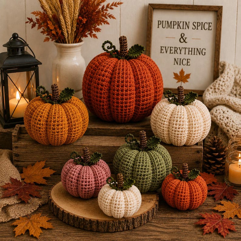 May include: A collection of seven crocheted pumpkins in various sizes and colours, including orange, cream, pink, and green. Each pumpkin features a brown stem and green leaves. A wooden sign reads PUMPKIN SPICE & EVERYTHING NICE with a maple leaf.