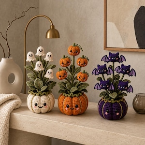 Halloween-virkad bukettmönsterpaket, spökpumpa och fladdermus-amigurumi PDF