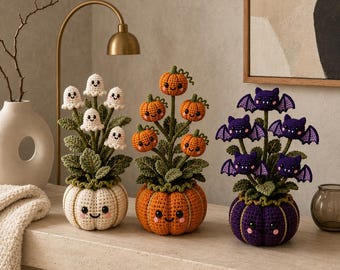 Halloween-Häkelblumenstrauß-Anleitungspaket, Geist, Kürbis und Fledermaus (Amigurumi) (PDF)