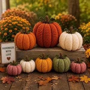 May include: A collection of eight crocheted pumpkins in various sizes and colours, including orange, cream, yellow, green, and pink. Each pumpkin features a brown stem and green leaves. A small wooden sign reads HANDMADE WITH LOVE.