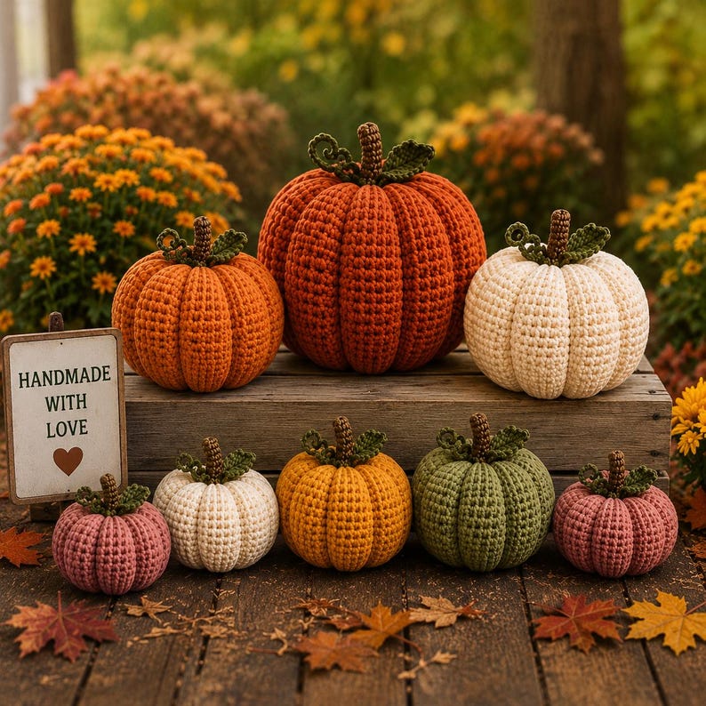 May include: A collection of eight crocheted pumpkins in various sizes and colours, including orange, cream, yellow, green, and pink. Each pumpkin features a brown stem and green leaves. A small wooden sign reads HANDMADE WITH LOVE.