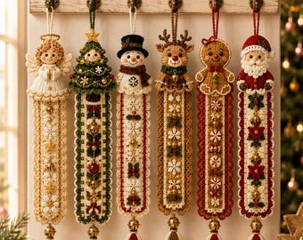 Crochet Pattern Christmas Bell Pull Bundle PDF, 6-in-1 Angel Tree Snowman Reindeer Gingerbread Santa Hanging Decor