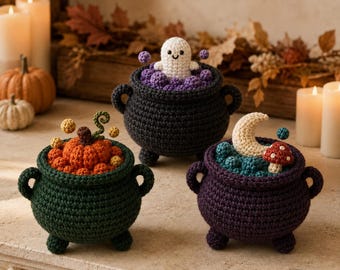 Mini Cauldron Crochet Pattern Bundle PDF, 3-in-1 Halloween Ghost, Pumpkin & Moon Amigurumi, Instant Download