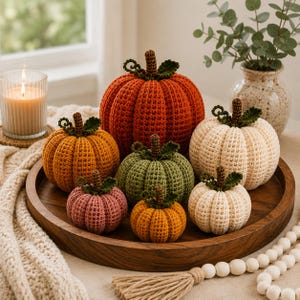 May include: A collection of seven crocheted pumpkins in various sizes and colors, including orange, cream, green, and dusty pink. Each pumpkin features a dark brown stem and small green leaves. The pumpkins are arranged on a round wooden tray.