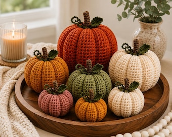 Häkelanleitung – 7 Größen – Gemütlicher Herbstkürbis – Gehäkelte Kürbisanleitung – Einfache DIY-Herbstdeko – Anfängerfreundlich, rustikaler Landhausstil (PDF)