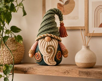 Crochet Gnome Pattern PDF, Spiral Spin Gnome Amigurumi, Boho Hanging Home Decor, Whimsical Ornament, Instant Download