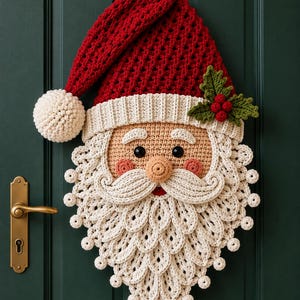 May include: A crocheted Santa Claus wall hanging featuring a red hat with a white pom-pom, a beige face with black eyes and pink cheeks, a textured white beard, and a mustache. A green holly leaf with three red berries is attached to the hat brim.