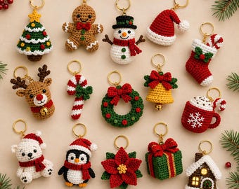 Weihnachts-Schlüsselanhänger-Häkelanleitungsset (PDF), 15 Mini-Amigurumi-Anhänger, Weihnachtstaschenanhänger, US-amerikanische Häkelbegriffe, Sofort-Download