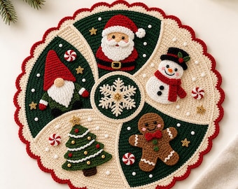 Crochet Pattern Christmas Table Mat PDF, Spinning Holiday Centerpiece, Santa Snowman Gingerbread Gnome Tree Decor, Digital Download