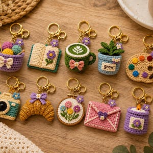 May include: A collection of ten crocheted keychains featuring various designs including a yarn basket, an open book, a green mug, a potted plant with the word grow, a paint palette, a camera, a croissant, a floral hoop, an envelope, and a candle.