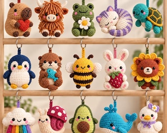 Crochet Keychain Pattern Bundle PDF, 15-in-1 Cute Animal Amigurumi Charms, Capybara Frog Cat Bunny Hanging Keychains, US Terms