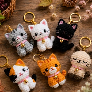 May include: Six crocheted cat keychains in various colors including gray tabby, white, black, calico, orange tabby, and Siamese. Each cat features large black eyes, a pink collar with a small gold bell, and a gold metal keyring attached to the top.