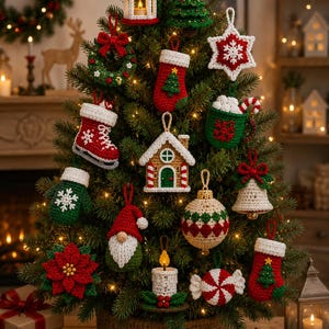 May include: A collection of crocheted Christmas tree ornaments including a red lantern, green tree, white star, red stocking, green mug, ice skate, gingerbread house, bell, gnome, poinsettia, candle, peppermint candy, and a patterned ball.