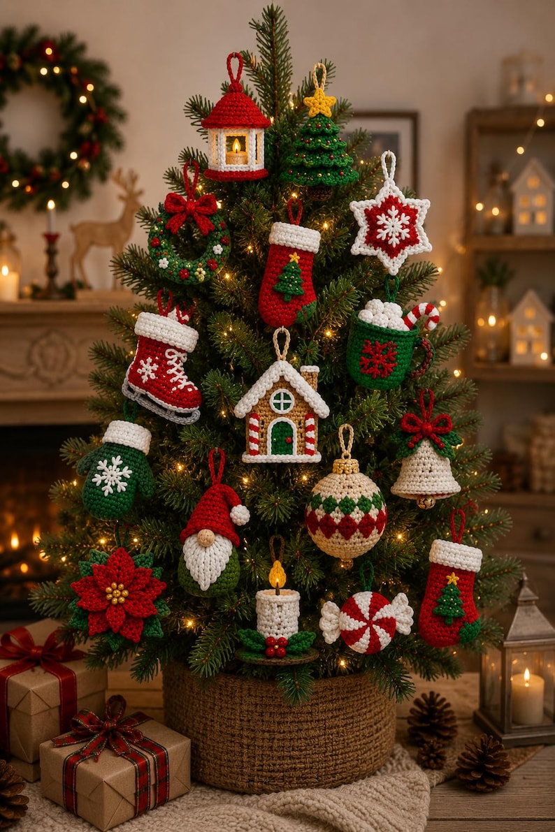 May include: A collection of crocheted Christmas tree ornaments including a red lantern, green tree, white star, red stocking, green mug, ice skate, gingerbread house, bell, gnome, poinsettia, candle, peppermint candy, and a patterned ball.