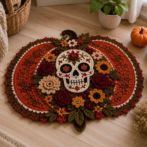 Può includere: Un grande arazzo o tappetino all'uncinetto a forma di zucca, caratterizzato da un teschio di zucchero color crema al centro, circondato da intricate applicazioni floreali multicolori nei toni del rosso scuro, arancione, giallo e verde.