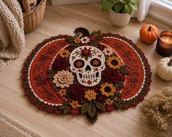 May include: A large, round, crocheted pumpkin-shaped wall hanging or mat featuring a central cream-colored sugar skull surrounded by intricate, multi-colored floral appliques in shades of deep red, orange, yellow, and dark green.