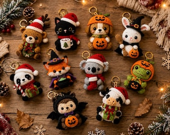 Christmas Halloween Crochet Keychain Pattern Bundle PDF, 10 Amigurumi Animal Keychains, Cute Holiday Charms, Instant Download