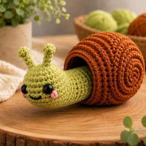 May include: A handmade crochet snail toy featuring a light green body with two antennae, black bead eyes, and pink stitched cheeks. The snail has a large, textured, spiraled shell in a deep burnt orange yarn, crafted with visible stitches.