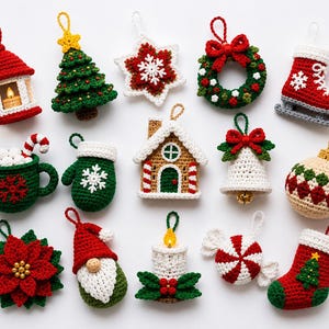 May include: A collection of fourteen crocheted Christmas ornaments including a lantern, tree, star, wreath, ice skate, mug, mitten, house, bell, bauble, poinsettia, gnome, candle, candy, and stocking, all featuring festive red, green, and white colors.
