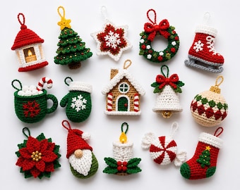Crochet Pattern Christmas Ornament Bundle PDF, 15-in-1 Festive Tree Decorations, Holiday Amigurumi Ornaments, Instant Download