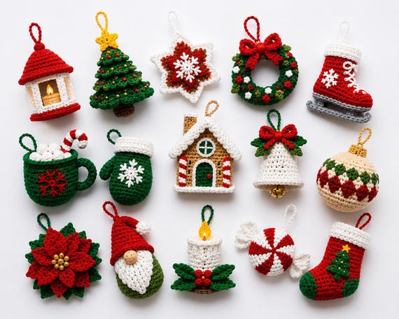 Crochet Pattern Christmas Ornament Bundle PDF, 15-in-1 Festive Tree Decorations, Holiday Amigurumi Ornaments, Instant Download