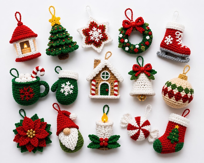 May include: A collection of fourteen crocheted Christmas ornaments including a lantern, tree, star, wreath, ice skate, mug, mitten, house, bell, bauble, poinsettia, gnome, candle, candy, and stocking, all featuring festive red, green, and white colors.