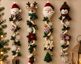 Crochet Pattern Christmas Spiral Wall Hanging Bundle PDF, 4-in-1 Santa Snowman Reindeer Penguin Holiday Door Decor