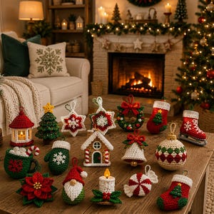 May include: A collection of various crocheted Christmas ornaments arranged on a wooden table. The set includes a miniature house, a green tree, a red stocking, a white star, a bell, a gnome, a candy cane mug, a poinsettia, and a red ice skate.