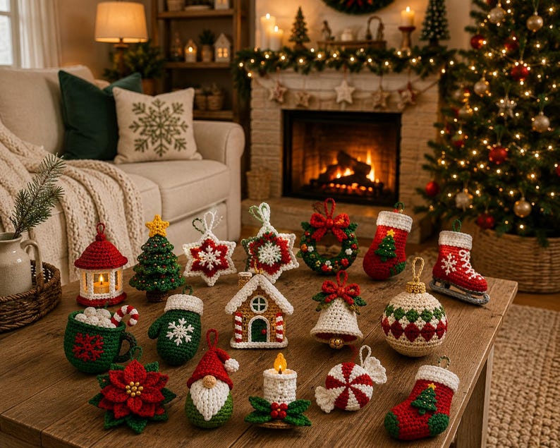May include: A collection of various crocheted Christmas ornaments arranged on a wooden table. The set includes a miniature house, a green tree, a red stocking, a white star, a bell, a gnome, a candy cane mug, a poinsettia, and a red ice skate.