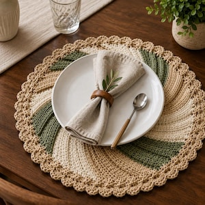 May include: A round, crocheted placemat featuring a spiral pattern in alternating shades of beige, cream, and sage green with a scalloped edge. A white ceramic plate sits in the center, topped with a beige linen napkin, a wooden ring, and a spoon.