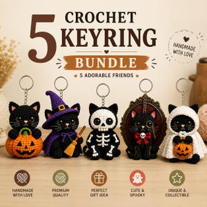 May include: A bundle of five crochet keyrings featuring black cats in various costumes, including a cat with a pumpkin, a witch cat with a broom, a skeleton cat, a cat in a decorative frame, and a cat in a white hooded cloak with a pumpkin.